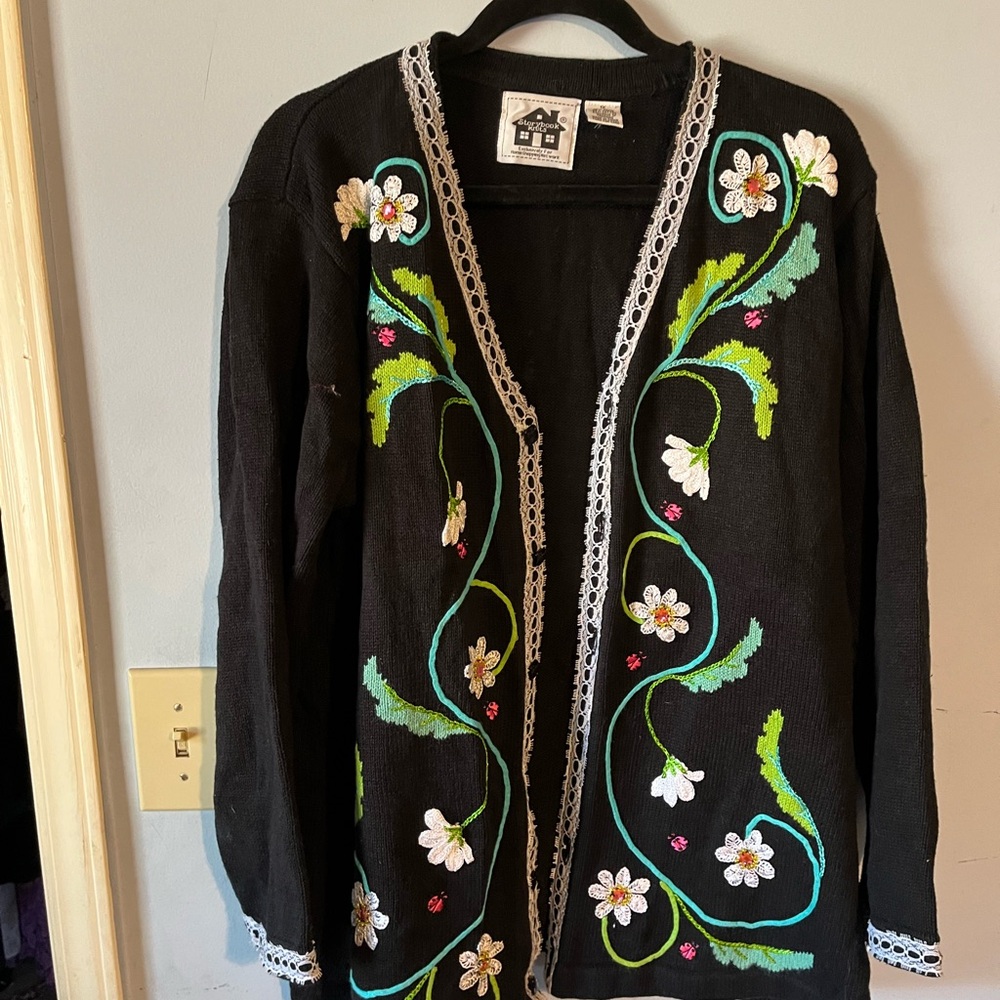 Vintage Storybook Knits Black Cardigan with Floral Embroidery